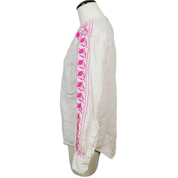 J. Crew Top XS Beige Striped Pink Embroidered Linen Boho Pullover Shirt - Picture 4 of 11